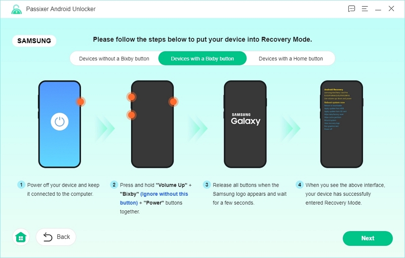 hacer clic en Siguiente | Guía de usuario de Passixer Android Unlocker