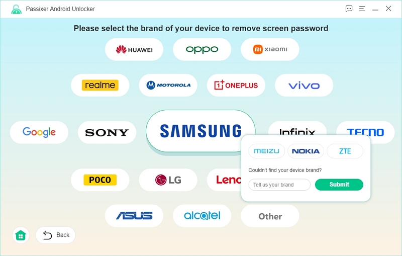 seleccionar marca de teléfono | Guía de usuario de Passixer Android Unlocker