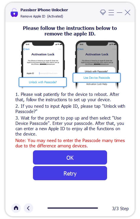 proceso de eliminación completado en Passixer | iPhone libre de Apple ID anterior listo para nueva cuenta