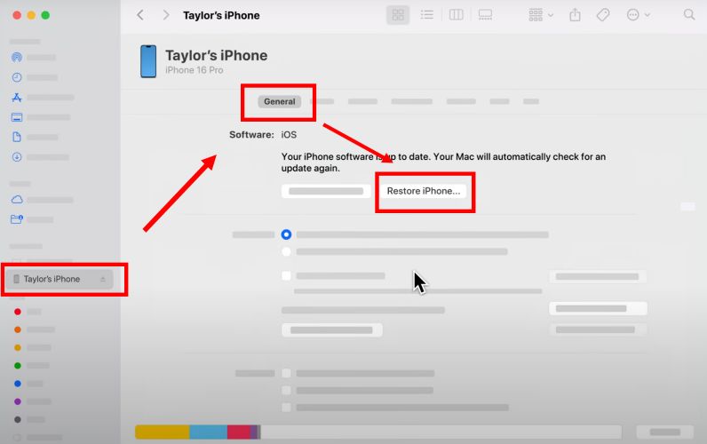 hacer clic en Restaurar iPhone en iTunes Finder para borrar código Screen Time | restablecer fábrica iPhone eliminar Tiempo de pantalla Mac PC España