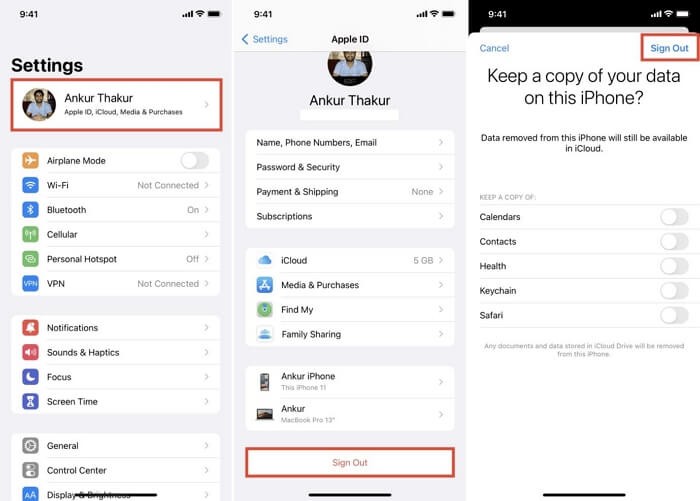 presionar Cerrar sesión | Cambiar Apple ID sin perder datos