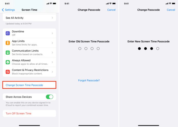 usar el código original | Cambiar el código de acceso de Screen Time