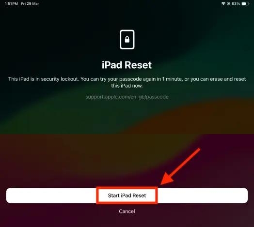 elige Iniciar restablecimiento de iPad | Desactivar límite de tiempo