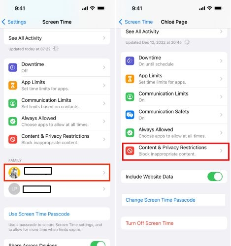 tocar el nombre del hijo | Cerrar sesión no está disponible debido a restricciones