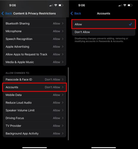 seleccionar Permitir en Cambios de cuenta en Tiempo de pantalla | activar cambios cuenta Apple ID gris Restricciones iPhone iOS 17 18