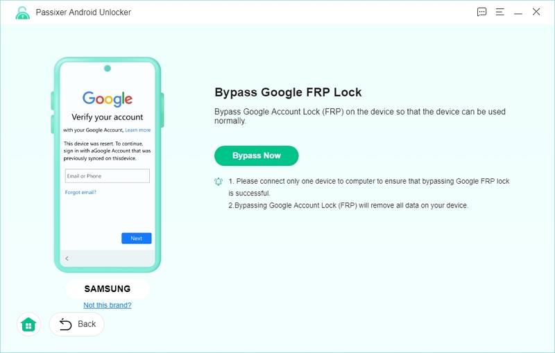 hacer clic en Bypass Now | Guía de usuario de Passixer Android Unlocker
