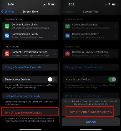 toca Desactivar la Actividad de Aplicaciones y Sitios Web | Cómo desactivar límite de tiempo iPhone