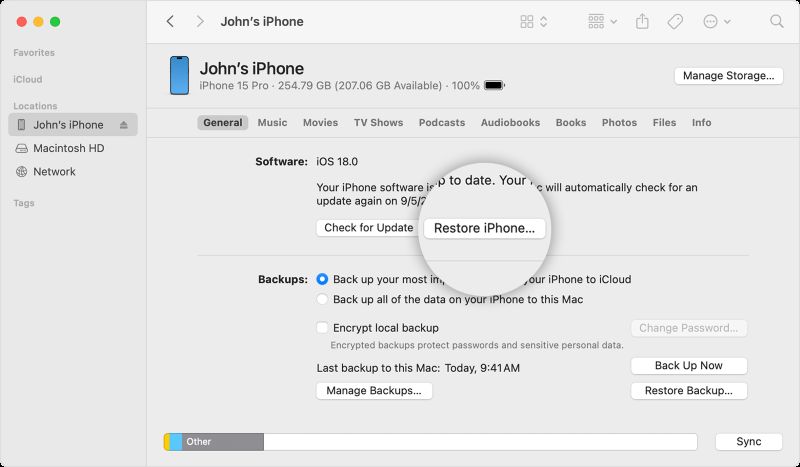 haz clic en Restaurar iPhone | Cómo desactivar límite de tiempo iPhone