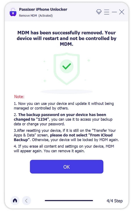 eliminación de MDM completada con Passixer | perfil MDM eliminado iPhone iPad sin contraseña sin pérdida datos España iOS 17 18