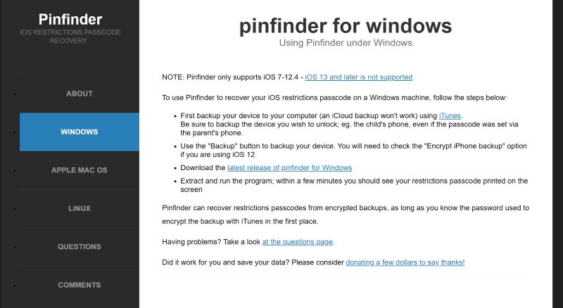 Pinfinder para recuperar código Screen Time iOS antiguo | recuperar contraseña Restricciones iPhone iOS 8 9 10 11 12 copia seguridad iTunes