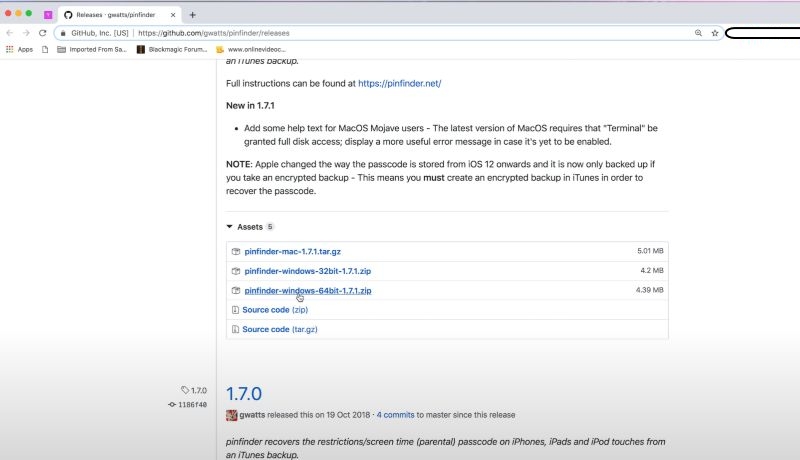 descargar Pinfinder desde GitHub | Pinfinder Windows Mac Linux recuperar código Screen Time iOS antiguo España