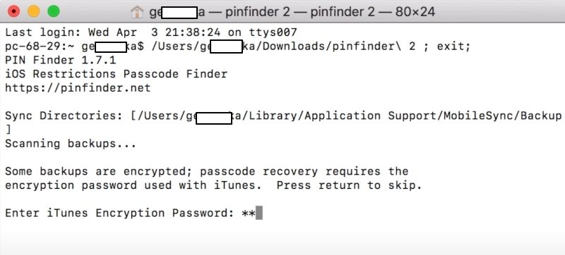 introducir contraseña de copia de seguridad iTunes en Pinfinder | desencriptar copia seguridad iTunes recuperar código Screen Time iPhone