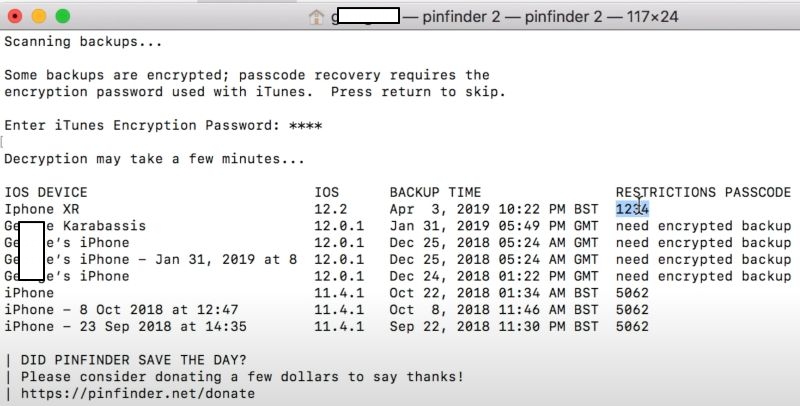 código de Restricciones recuperado con Pinfinder | ver código Screen Time iPhone iOS 8 9 10 11 12 Pinfinder resultado España