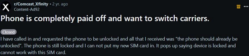 usuario compartiendo frustración con desbloqueo iPhone Xfinity Mobile | desbloqueo de SIM de iPhone de Xfinity