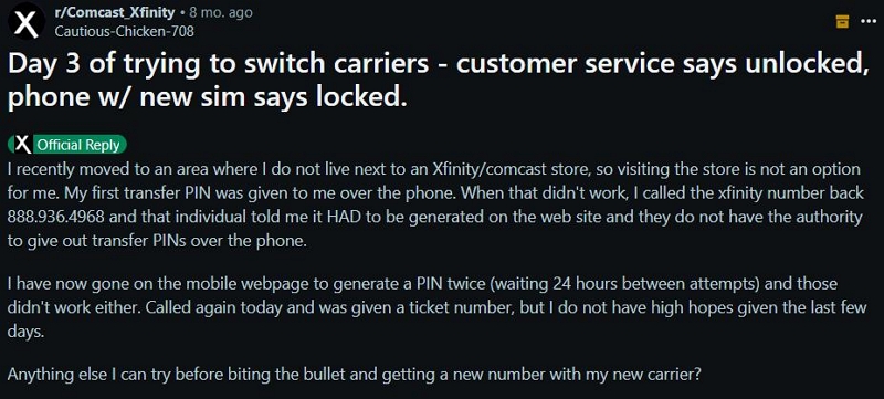 usuario sin servicio después de solicitar desbloqueo iPhone Xfinity | desbloqueo de SIM de iPhone de Xfinity