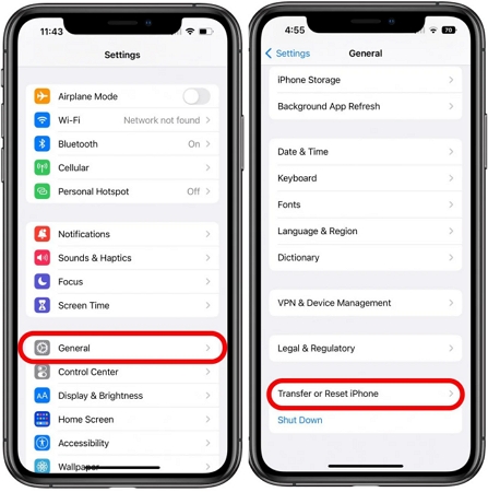 elige Transferir o Restablecer iPhone | Cerrar sesión no está disponible debido a restricciones