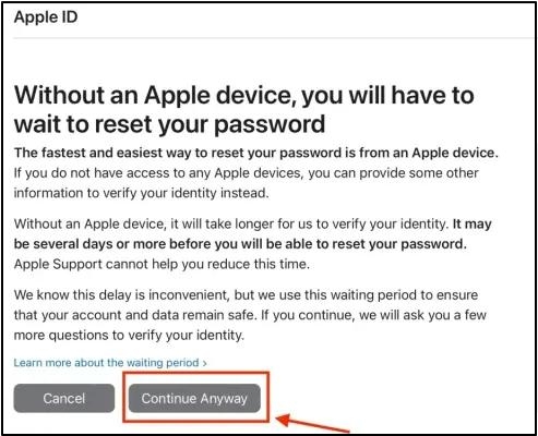 haz clic en Continuar de todas formas | Desbloquear código de acceso del iPhone sin Apple ID