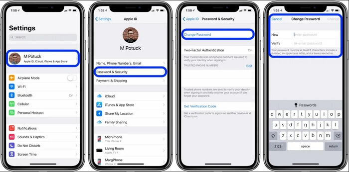 pulsar Cambiar contraseña en Ajustes del iPhone para restablecer Apple ID | restablecer contraseña Apple ID olvidada sin teléfono sin correo España
