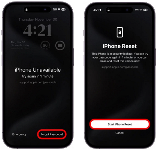 pulsar Iniciar restablecimiento del iPhone desde pantalla de bloqueo | restablecer iPhone sin código Screen Time iOS 17 18 España