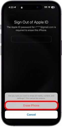 pulsar Borrar iPhone para confirmar restablecimiento desde pantalla de bloqueo | borrar iPhone bloqueado sin código Screen Time Apple ID