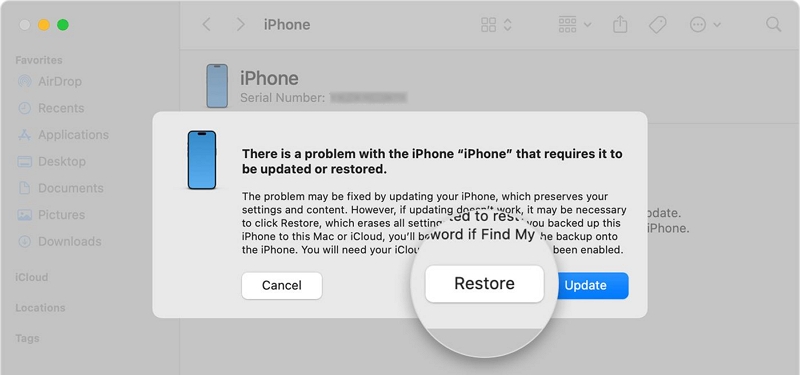 seleccionar Restaurar en iTunes para restablecer iPhone a fábrica | restaurar iPhone iTunes Finder Modo recuperación Apple ID gris España