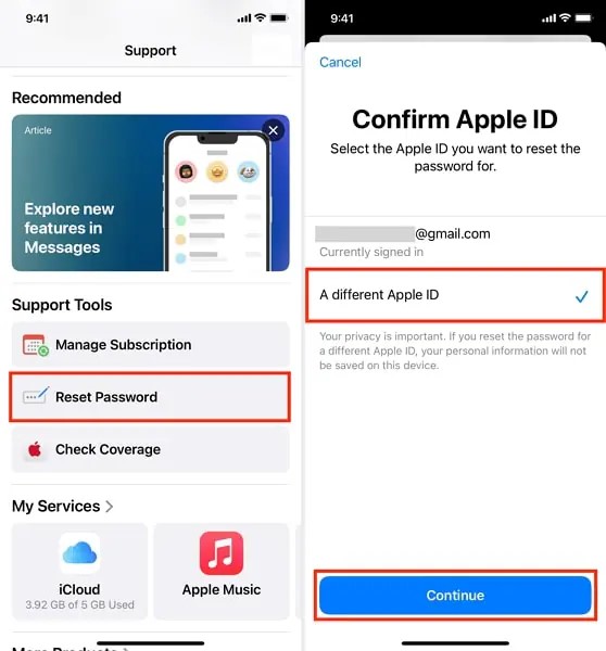 seleccionar Otro Apple ID en app Soporte de Apple para restablecer contraseña | cerrar sesión Apple ID sin contraseña app soporte Apple España
