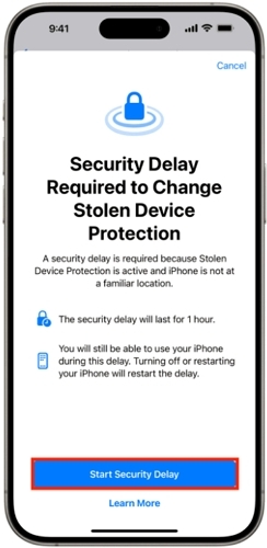 haz clic en Inicio de Retraso de Seguridad | como desactivar buscar mi iphone en icloud