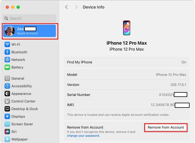 haz clic en Eliminar en la configuración de Mac | desactivar buscar mi iPhone desde otro dispositivo