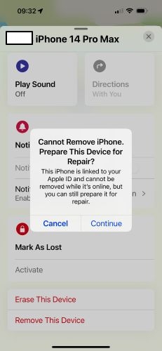 haz clic en Continuar | desactivar buscar mi iPhone desde otro dispositivo