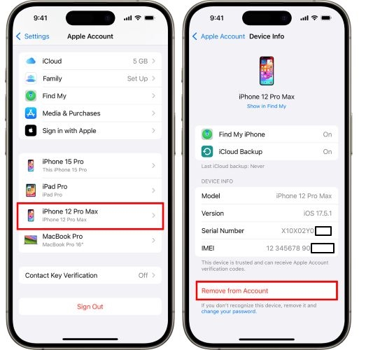 presiona Eliminar en la configuración | desactivar buscar mi iPhone desde otro dispositivo