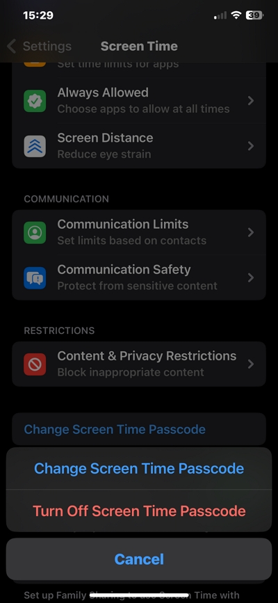 seleccionar Desactivar código de Tiempo de pantalla en Ajustes iPhone | quitar código Screen Time iPhone Ajustes sin ordenador España