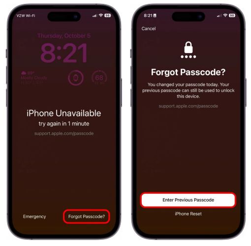 tocar Ingresar código anterior | Eludir el PIN del iPhone