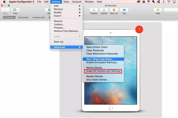 seleccionar Borrar todo el contenido y ajustes en Apple Configurator 2 | eliminar perfil MDM iPhone iPad Mac Apple Configurator España